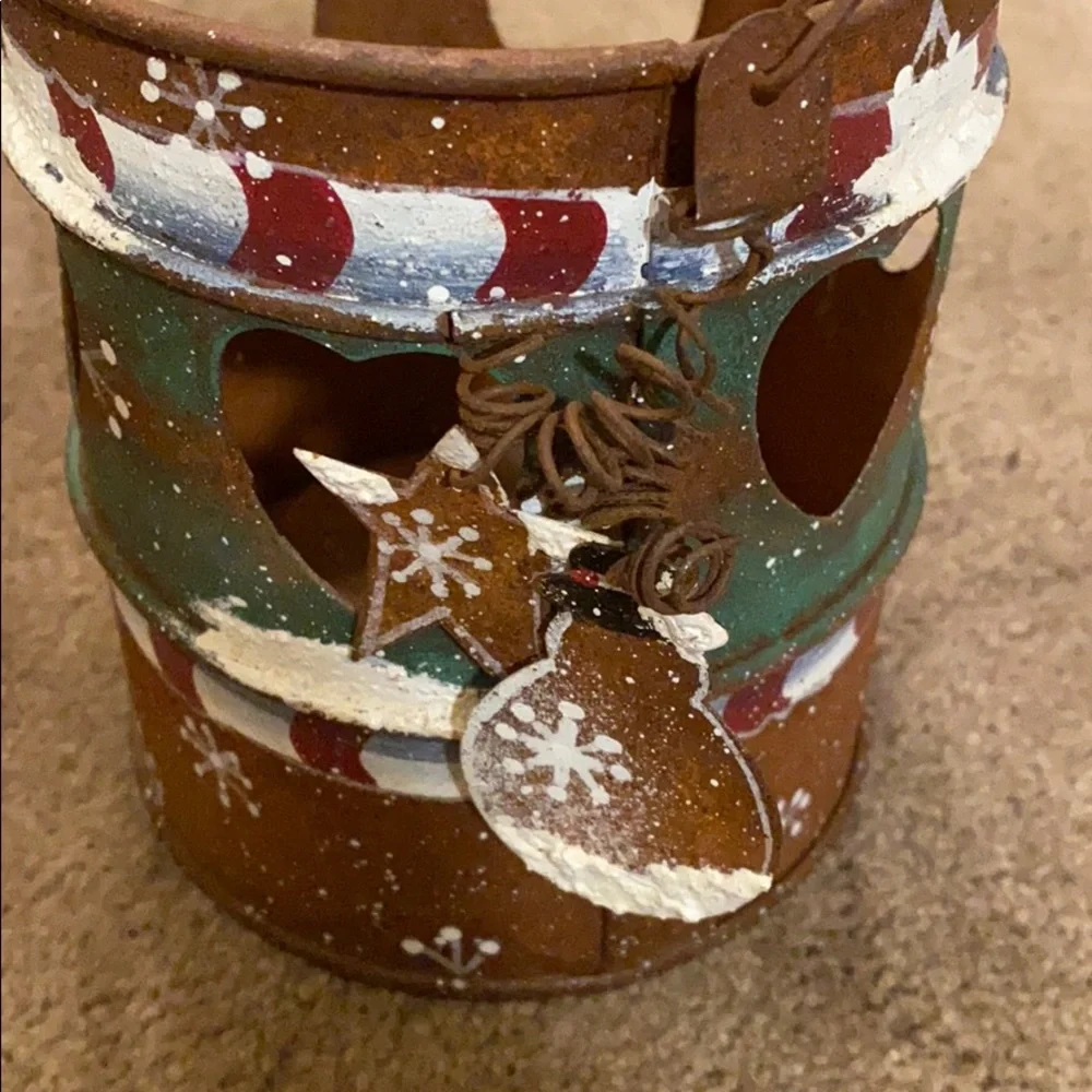 Holiday/Winter Candle Holder - Rustic winter themed tin candle holder